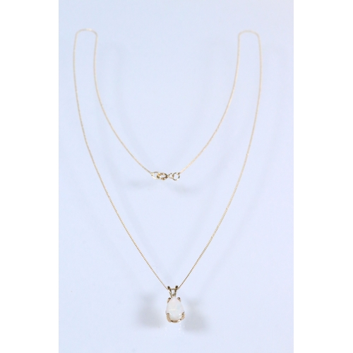 227 - 9ct gold and pendant necklace having a fine link chain with a pear cut opal cabochon (marked marked ... 