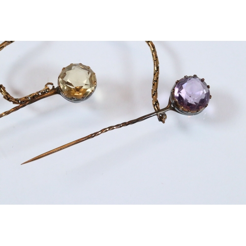 28 - Pair of 19th Century stick pins set with a round mixed cut amethyst and round mixed cut citrine unit... 