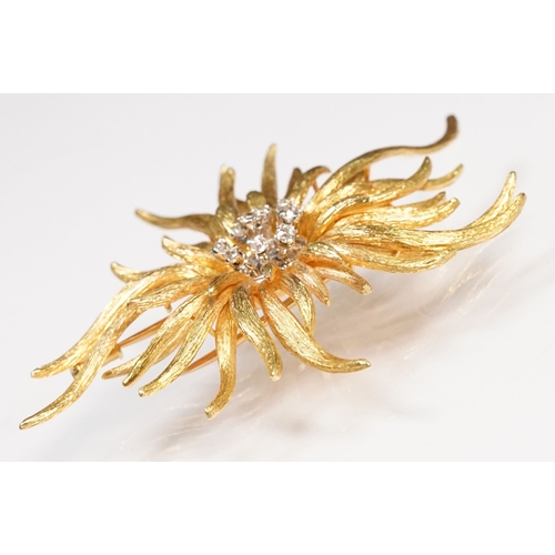 5 - French mid Century 18ct gold and diamond sunburst style spray brooch. The brooch being set with nine... 
