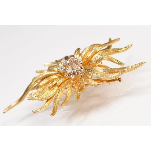 5 - French mid Century 18ct gold and diamond sunburst style spray brooch. The brooch being set with nine... 