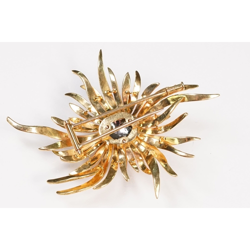 5 - French mid Century 18ct gold and diamond sunburst style spray brooch. The brooch being set with nine... 