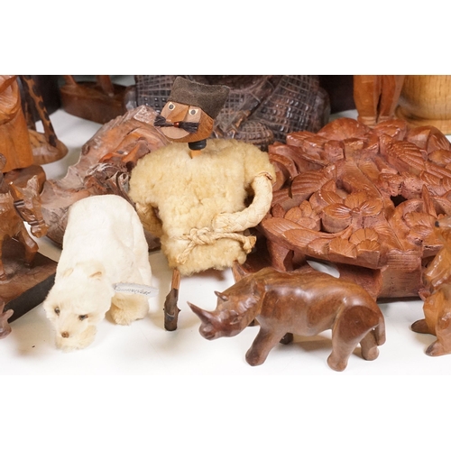 Large collection of carved mixed wood figurines and animals sculptures ...