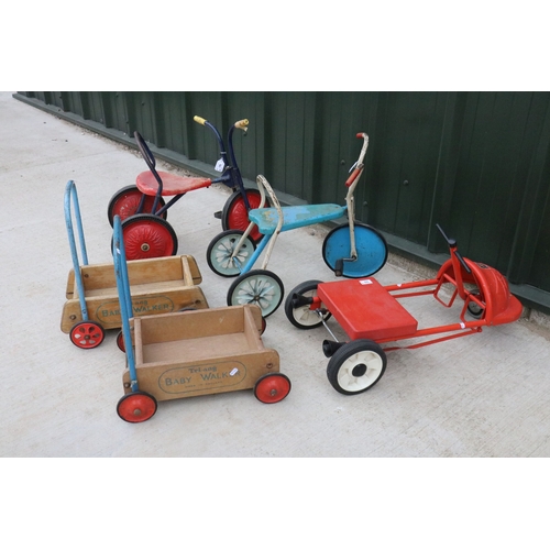 70 - Five ride on / walk along toys to include 2 x Triang Baby Walker, Raleigh Childs Trike, Triang Child... 