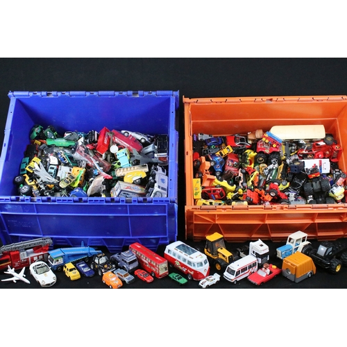 340 - Large collection of playworn diecast and plastic models to include Matchbox, Corgi, etc (2 Boxes)