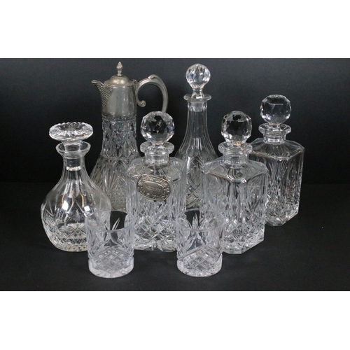84 - Group of cut and moulded glass, to comprise primarily decanters, three of facetted square form, two ... 