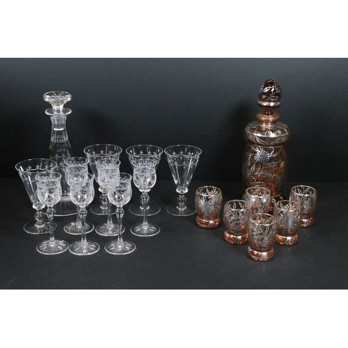 87 - Collection of engraved glassware, to include four wine glasses, six liqueur glasses and one decanter... 
