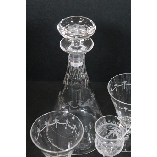 87 - Collection of engraved glassware, to include four wine glasses, six liqueur glasses and one decanter... 