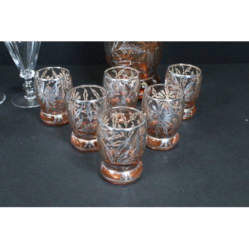 87 - Collection of engraved glassware, to include four wine glasses, six liqueur glasses and one decanter... 