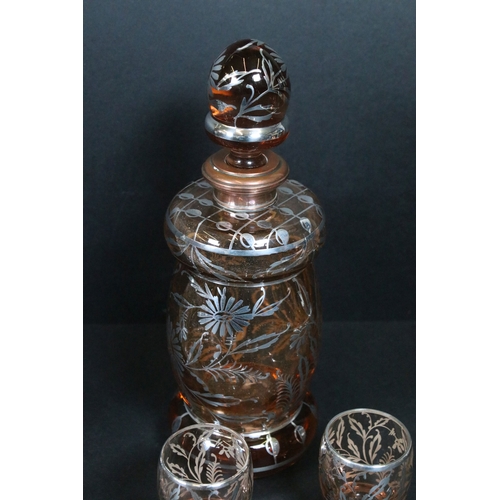 87 - Collection of engraved glassware, to include four wine glasses, six liqueur glasses and one decanter... 