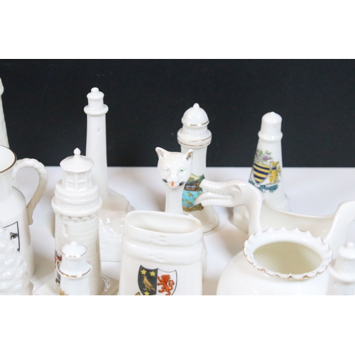 113 - Collection of Goss crested china, to include lighthouses, vases and pin dishes. Tallest measures 14.... 