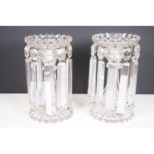 67 - Pair of late 19th / early 20th century cut glass table lustres, with facet cut drops, each approxima... 