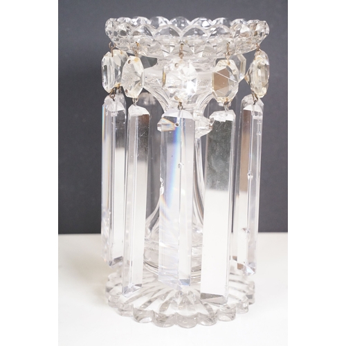 67 - Pair of late 19th / early 20th century cut glass table lustres, with facet cut drops, each approxima... 