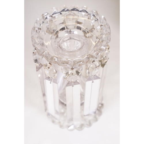 67 - Pair of late 19th / early 20th century cut glass table lustres, with facet cut drops, each approxima... 