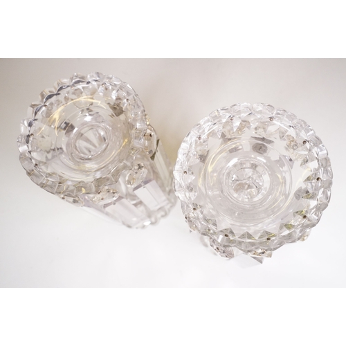 67 - Pair of late 19th / early 20th century cut glass table lustres, with facet cut drops, each approxima... 