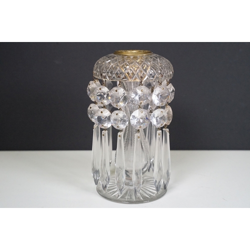 69 - Late 19th /early 20th century cut glass table lustre, with brass central candle holder decorated wit... 