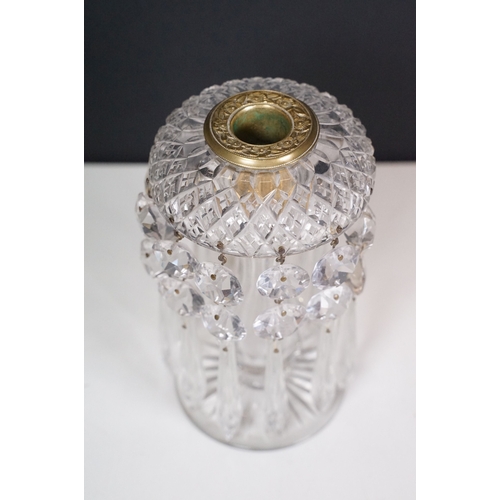 69 - Late 19th /early 20th century cut glass table lustre, with brass central candle holder decorated wit... 
