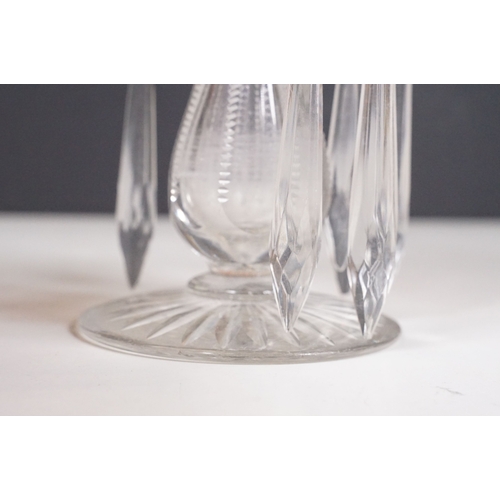69 - Late 19th /early 20th century cut glass table lustre, with brass central candle holder decorated wit... 
