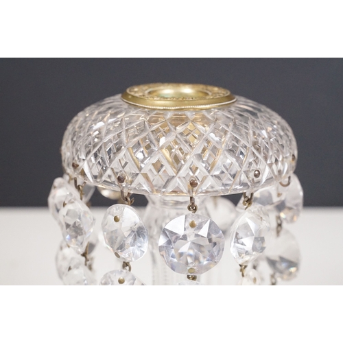 69 - Late 19th /early 20th century cut glass table lustre, with brass central candle holder decorated wit... 