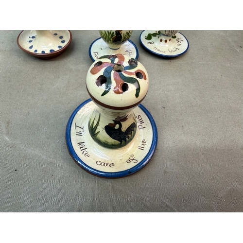 DEVON WARE , 3 EGG CUPS AND A HAT PIN STAND