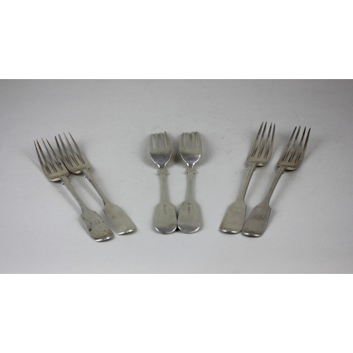 120 - A set of six Victorian silver Fiddle pattern dessert forks with engraved initials, maker Josiah Will... 