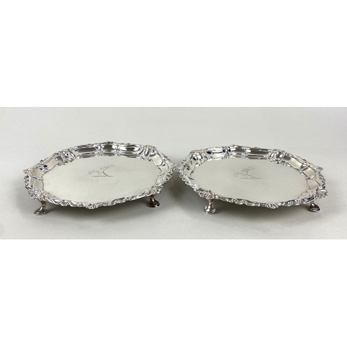 162 - A pair of George II silver card trays or waiters, maker William Cripps, London 1749, each armorial e... 