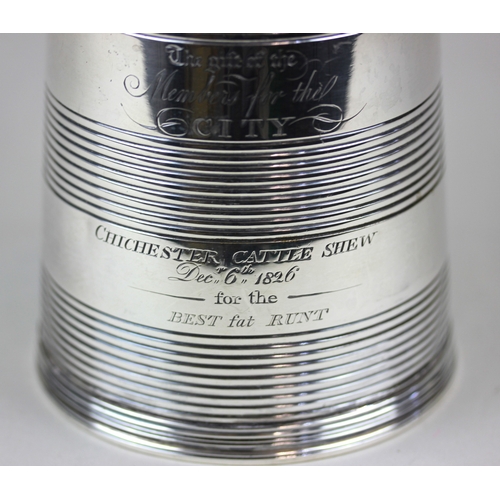 168 - A large George IV silver presentation mug tapered cylindrical shape with horizontal reeded bands and... 