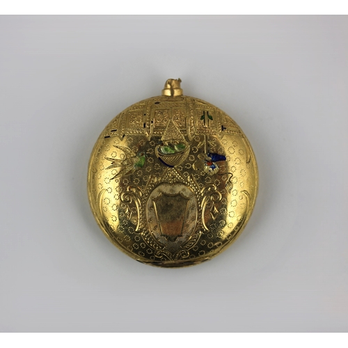 216 - An 18ct gold and enamelled fob watch hunting case (empty) (a/f) gross weight 10.5g