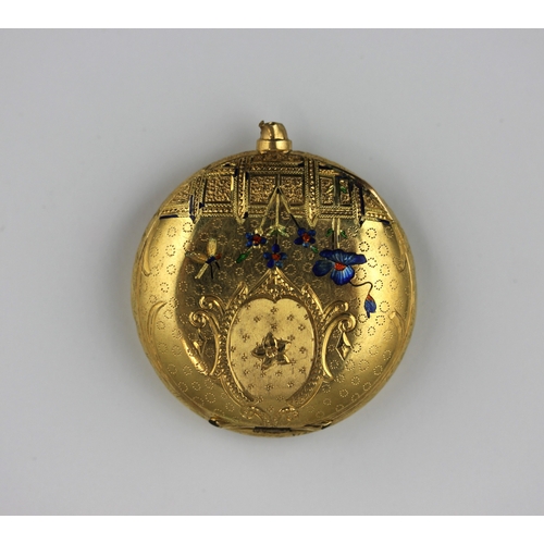 216 - An 18ct gold and enamelled fob watch hunting case (empty) (a/f) gross weight 10.5g