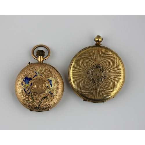 229 - A gold cased key wind open faced fob watch, the suspension bow missing, the inner case engraved Aube... 