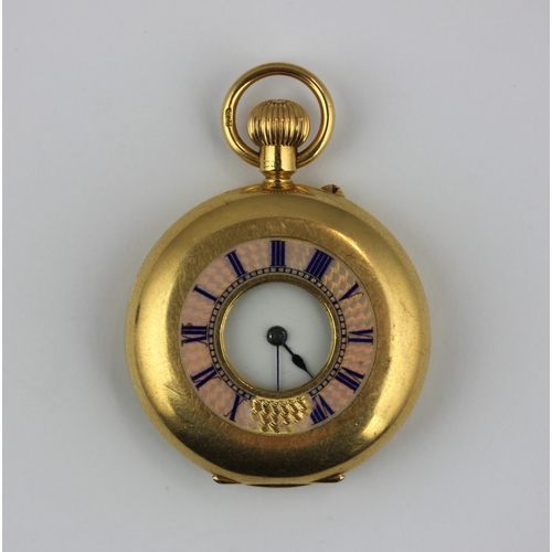 239 - An 18ct gold keyless wind half hunting cased fob watch, (damage to the case front enamel), 42g gross... 