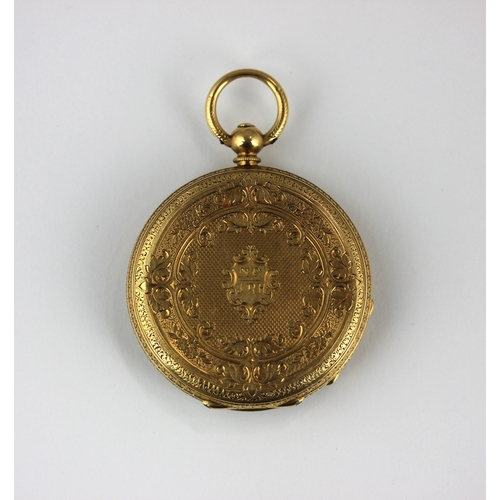 241 - A gold cased key wind open faced ladys fob watch, the gilt cylinder movement detailed 'Stauffer ch.d... 