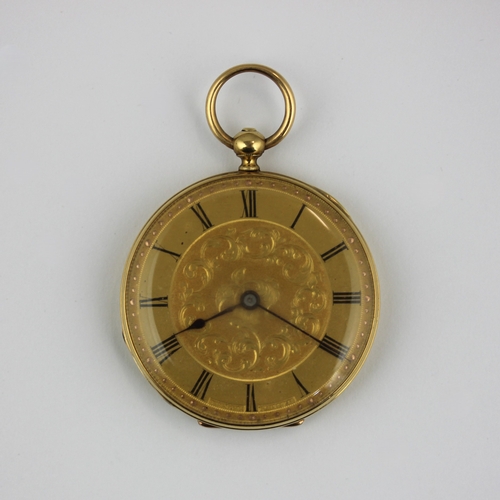 244 - A gold cased key wind open faced ladies fob watch, indistinctly marked, the case back engraved with ... 