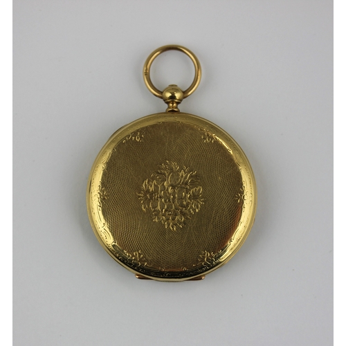 244 - A gold cased key wind open faced ladies fob watch, indistinctly marked, the case back engraved with ... 