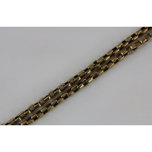 248 - A gold rectangular link long guard chain with a bolt ring clasp, detailed 9ct, 16.7g