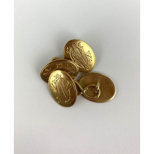 264 - A pair of gold cufflinks the oval backs and fronts monogram engraved, unmarked, 10.5g