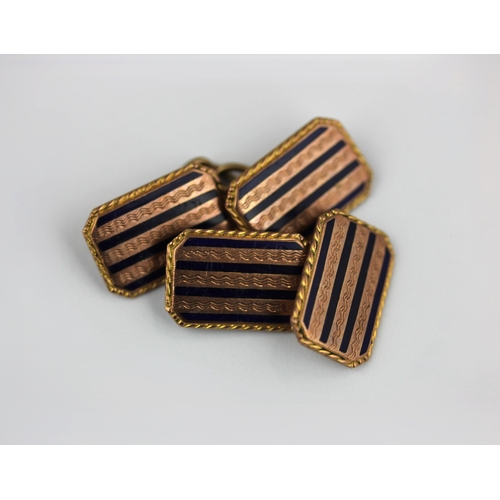 265 - A pair of gold and dark blue enamel cufflinks with cut cornered rectangular backs, detailed 9ct, gro... 