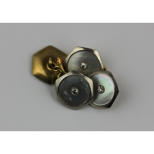 266 - A pair of gold, diamond and mother of pearl hexagonal cufflinks, detailed 18ct, 6.3g