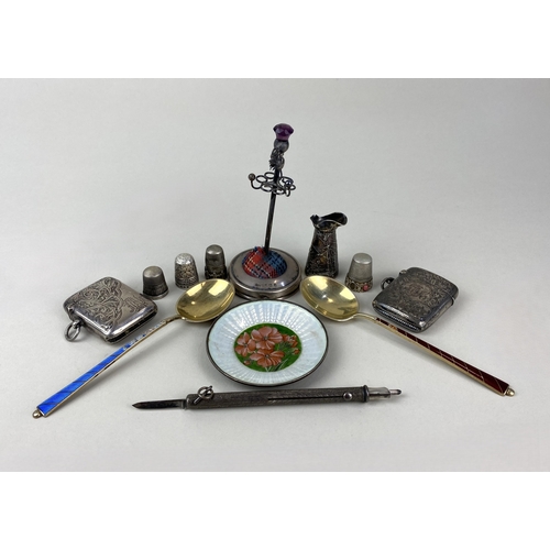 27 - A collection of small silverware, comprising Sampson Mordan pen/pencil/knife, a hat pin stand with S... 