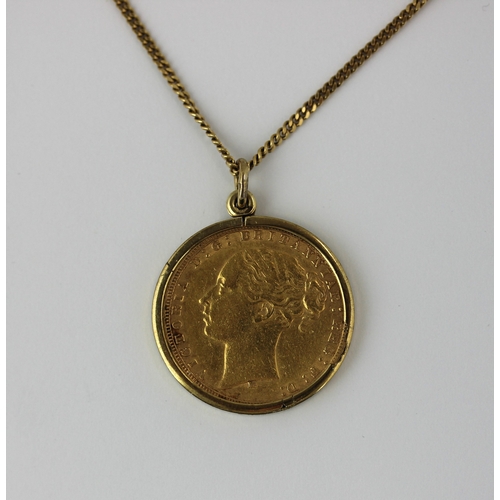 282 - A Victoria young head sovereign 1875 M in a 9ct gold pendant mount with an 18ct gold faceted curb li... 