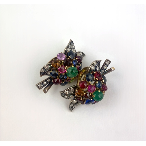 292 - A pair of gold, diamond and vari-coloured gem set ear clips of cluster and spray design gross weight... 