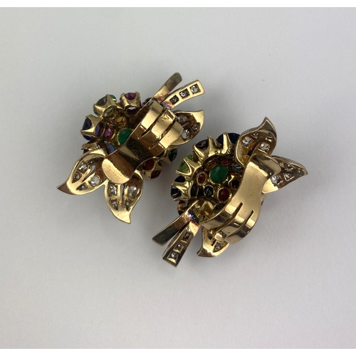 292 - A pair of gold, diamond and vari-coloured gem set ear clips of cluster and spray design gross weight... 