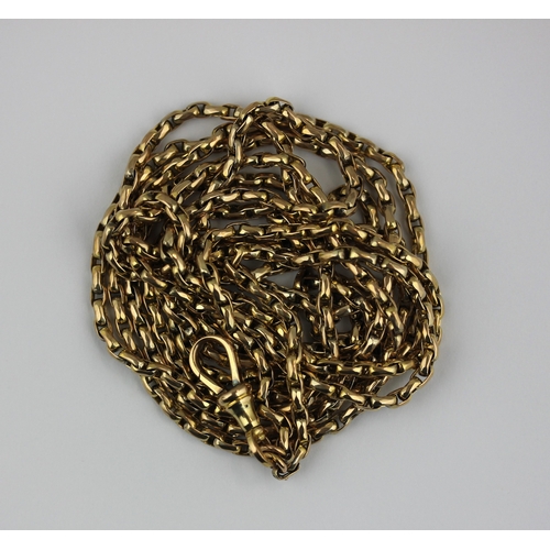 353 - A gold oval link long guard chain, fitted with a swivel detailed '9c', 31.4g