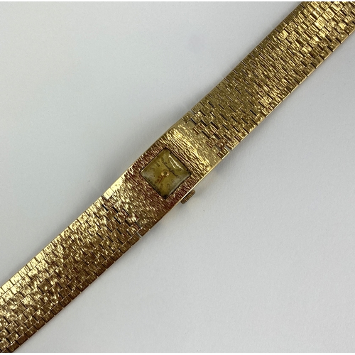 355 - A Bueche-Girod 9ct gold ladys bracelet wristwatch, the signed square gilt dial with gilt baton hour ... 