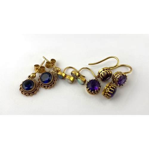 359 - A pair of gold and amethyst two stone pendant earrings, the tops with wire fittings, a pair of blue ... 