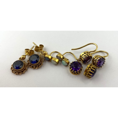 359 - A pair of gold and amethyst two stone pendant earrings, the tops with wire fittings, a pair of blue ... 