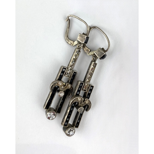 362 - A pair of silver black and colourless paste pendant earrings, of Art Deco geometric design