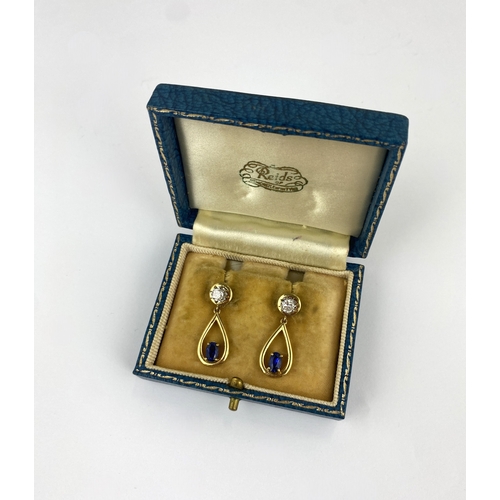 364 - A pair of diamond and sapphire earrings with detachable solitaire diamond stud fittings and yellow g... 