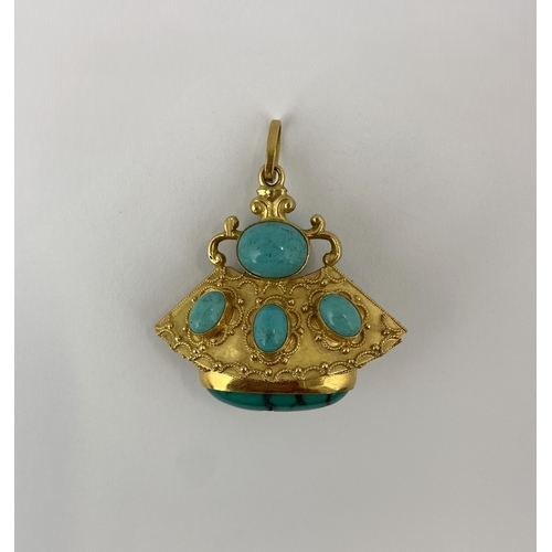 366 - A gold and turquoise pendant with applied bead and wirework decoration, the suspension loop detailed... 