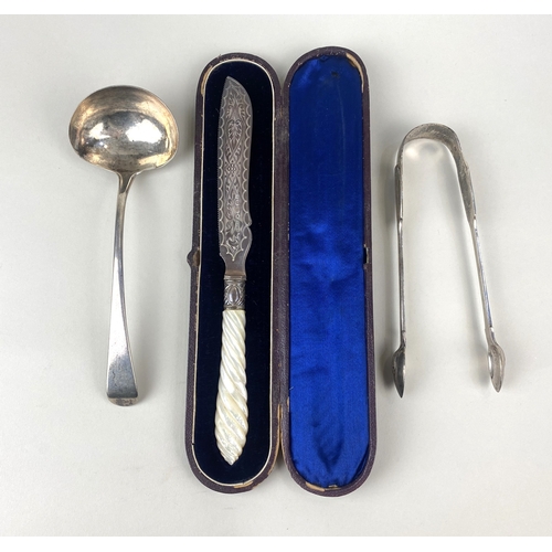 43 - A George III silver sauce ladle, maker RC, London 1793, and a pair of Victorian silver sugar tongs, ... 