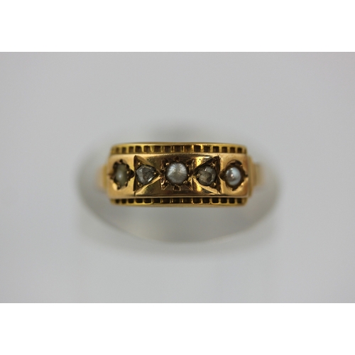 499 - A gold rose diamond and half pearl ring mounted with two rose diamonds alternating with three half p... 